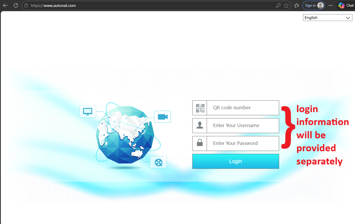 AutoNAT login page showing fields for QR code number, username, and password, with a Login button.