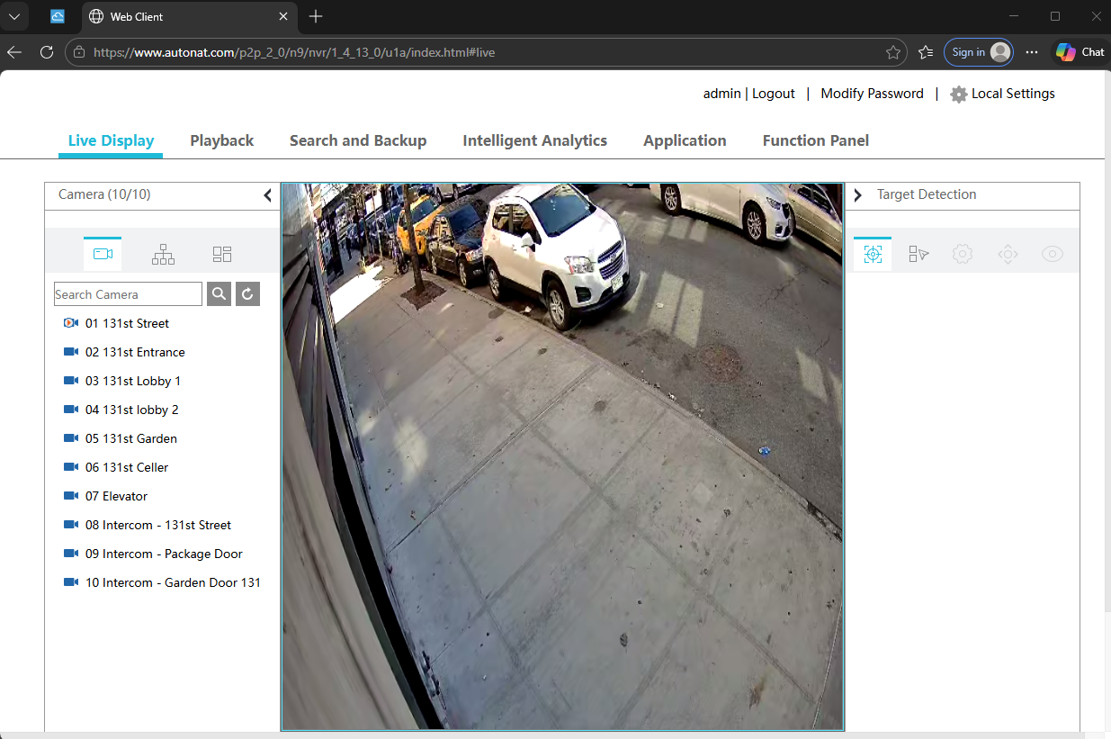 AutoNAT Live Display screen showing a list of cameras on the left and a live video feed in the center.