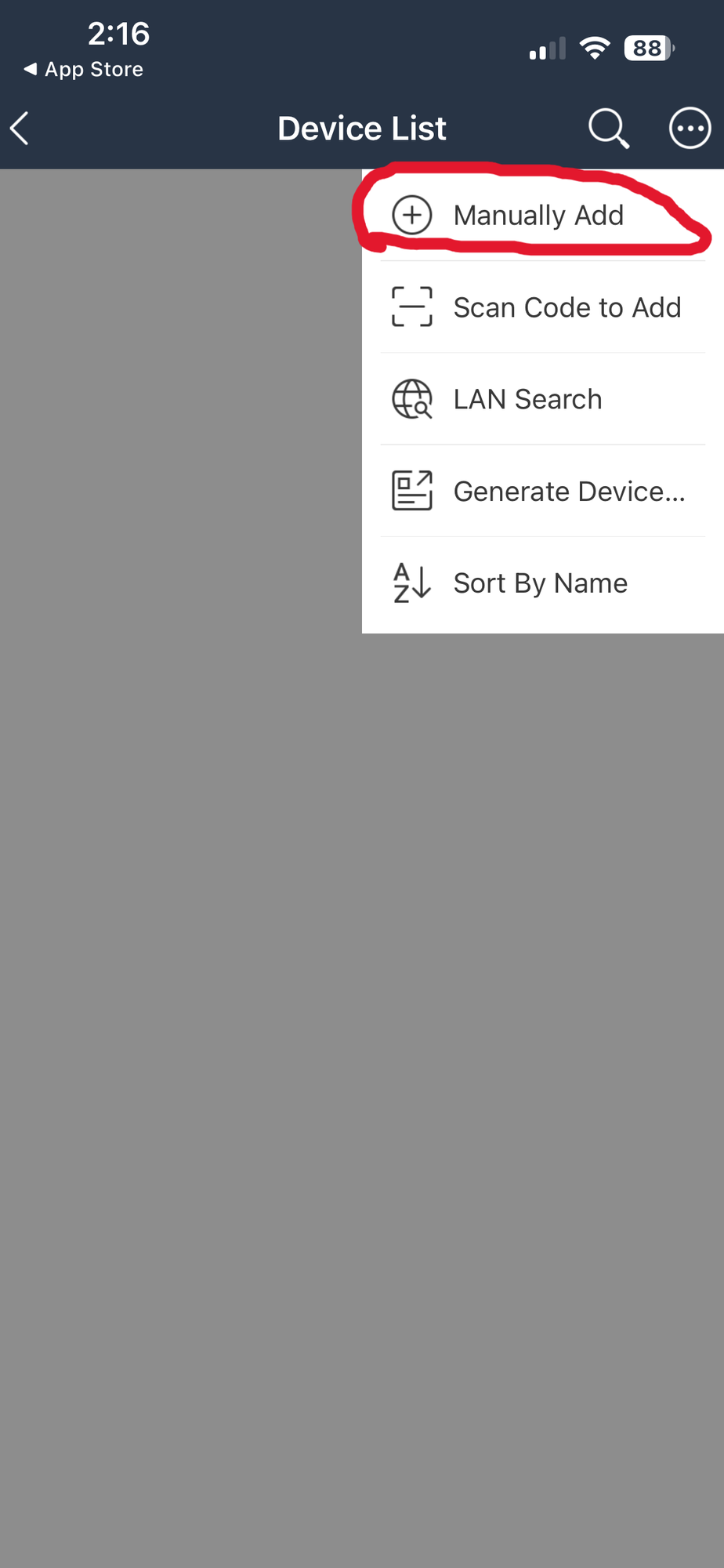 Dropdown menu showing Manually Add option circled. Tap Manually Add.