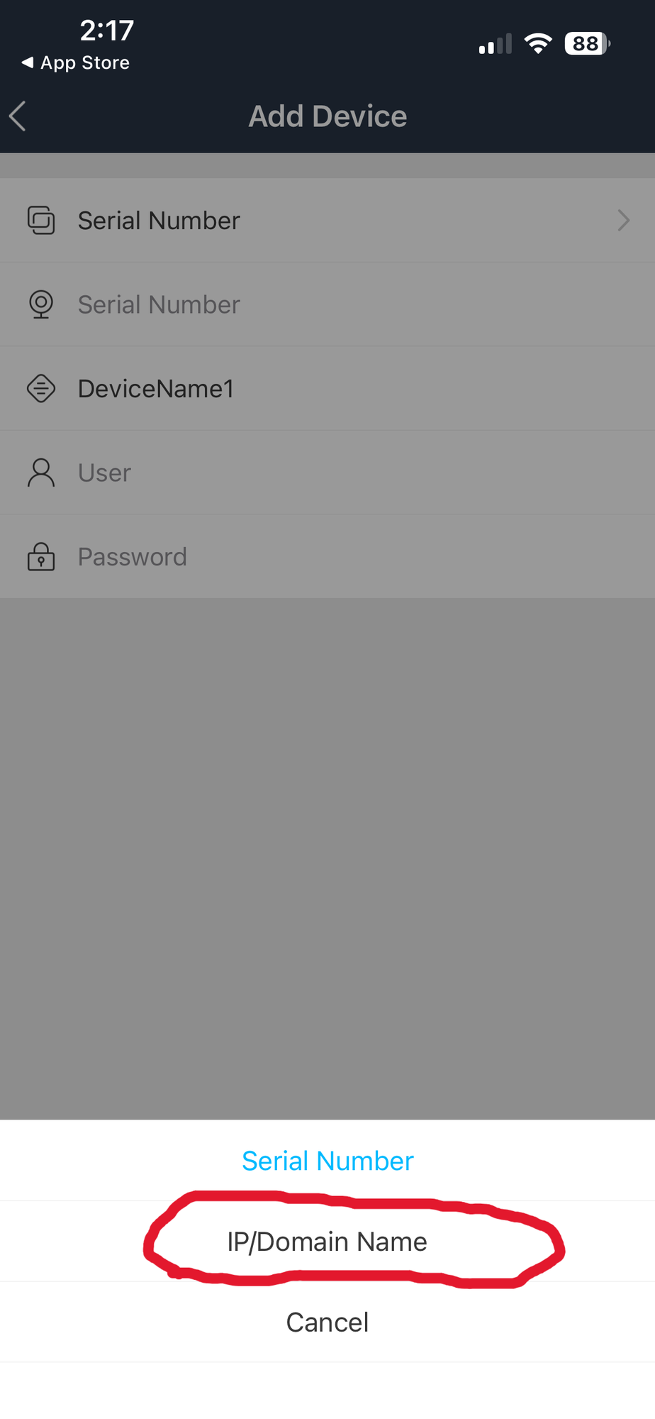 Bottom popup showing Serial Number and IP/Domain Name options. IP/Domain Name is circled. Tap it.