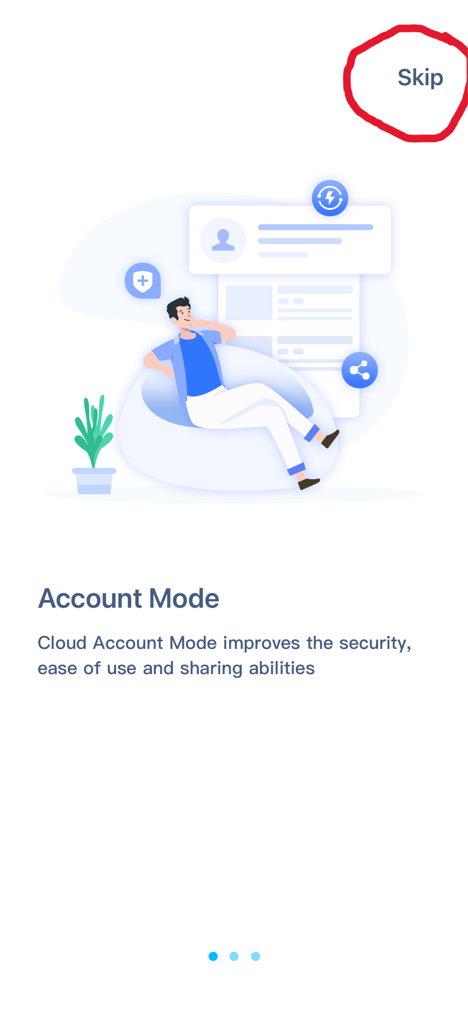Account Mode screen with Skip button circled in the top-right corner. Tap Skip.
