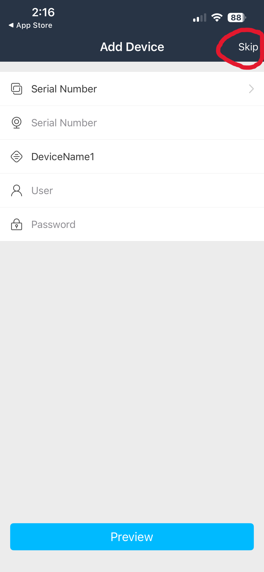Add Device screen with Skip button circled in the top-right corner. Tap Skip.