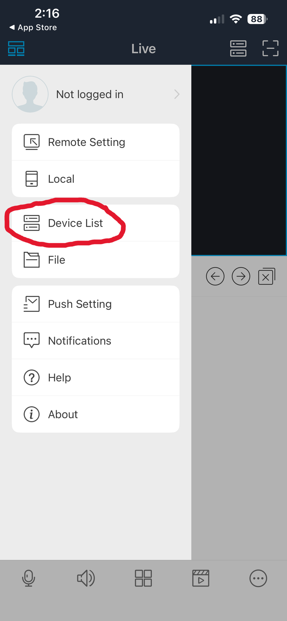 Side menu showing options including Device List circled. Tap Device List.
