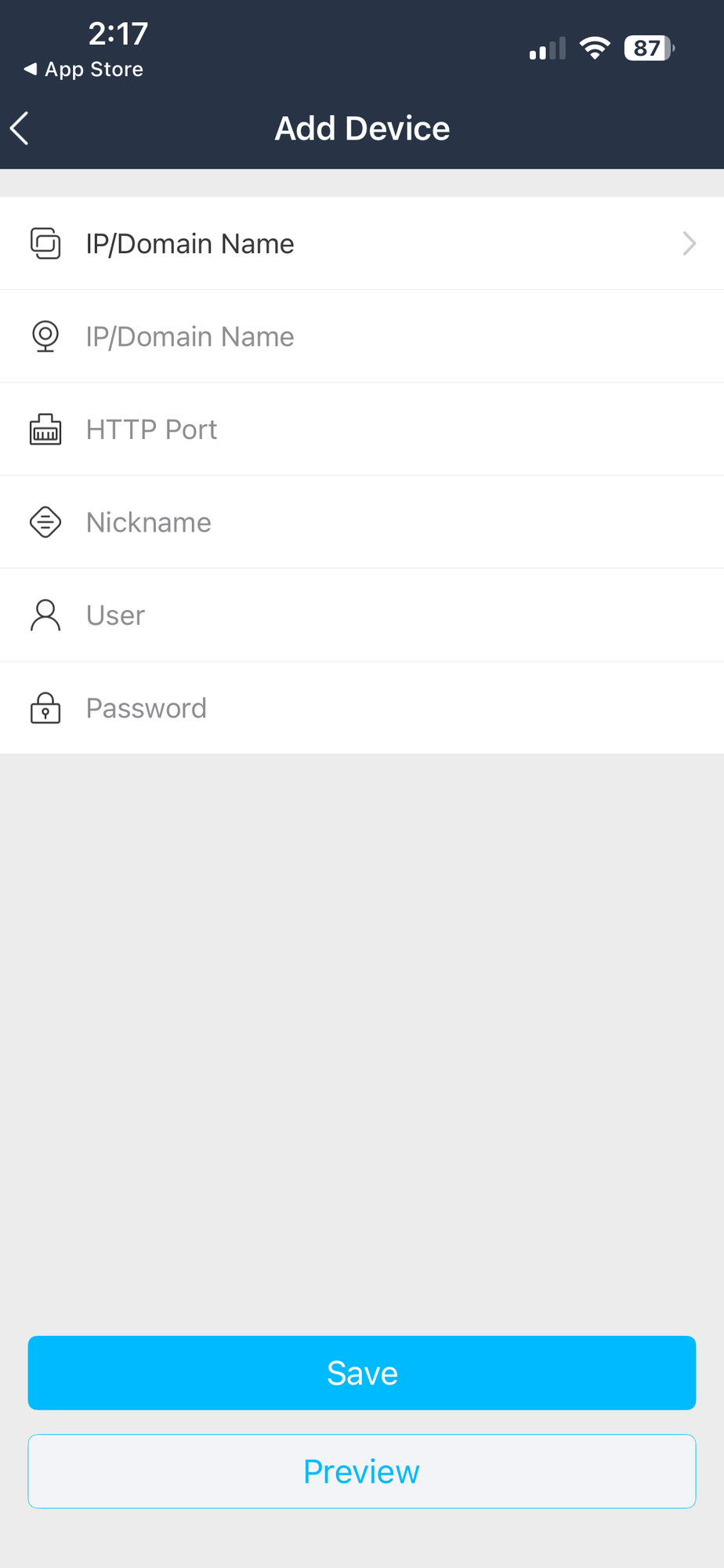 Add Device form in IP/Domain Name mode with empty fields for IP/Domain Name, HTTP Port, Nickname, User, and Password.